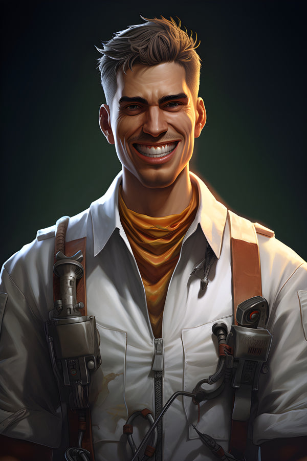 Vinyl Decal, Smiling Male Mechanic Engineer Game Character Digital Art Print Wall Decor (5" x 7")