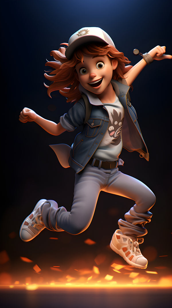 Vinyl Decal, Dynamic Animated Character Action Figure | Energetic Red-Haired Kid in Denim Jacket & C