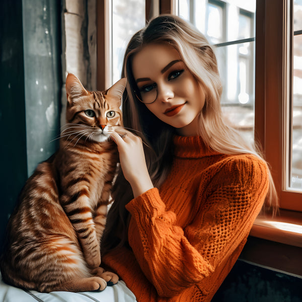 Vinyl Decal, Stylish Woman in Orange Sweater with Monocle & Adorable Striped Cat by Window (5" x 7")