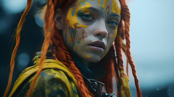 Vinyl Decal, Female Character Portrait Art | Orange Dreadlocks Yellow Face Paint Artistic Print Wall