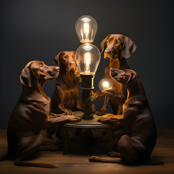 Vinyl Decal Five Vizsla Dogs Gathered Around a Vintage Edison Bulb Lamp, Creative Canine Art Print, 