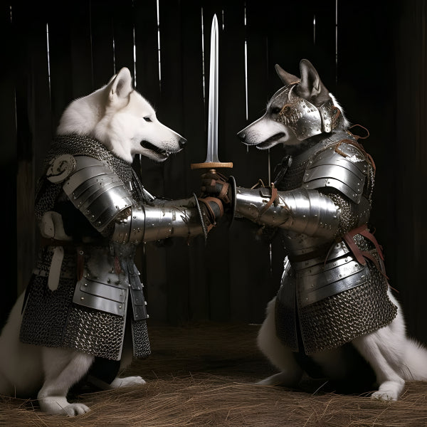 Vinyl Decal, Two Armored Husky Knights Engage in a Sword Ceremony (5" x 7")
