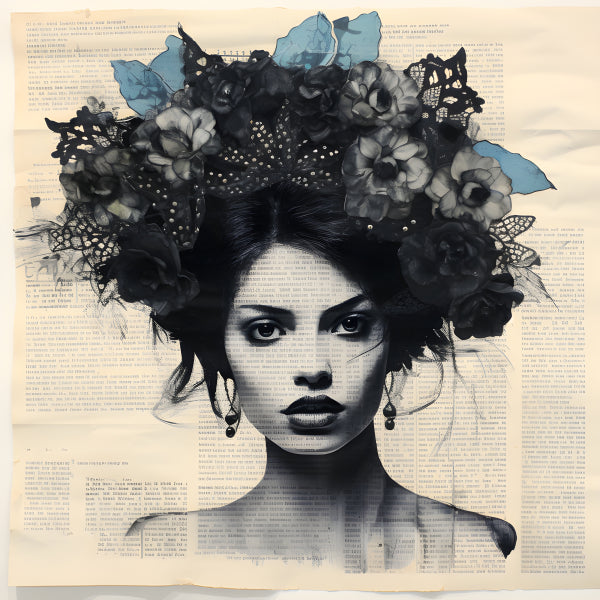 Vinyl Decal, Monochrome Female Portrait on Newspaper Collage with Black and Blue Floral Headpiece (5