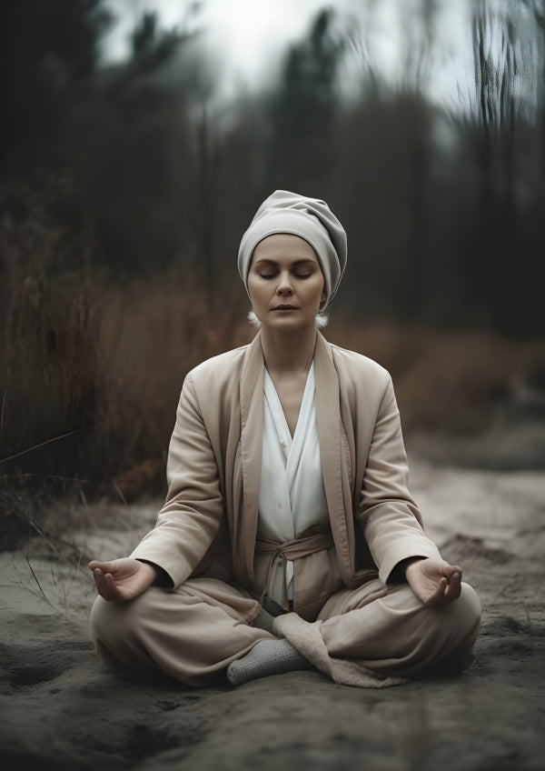 Vinyl Decal, Serene Woman Meditating Outdoors in Neutral Tones, Peaceful Spiritual Practice in Natur