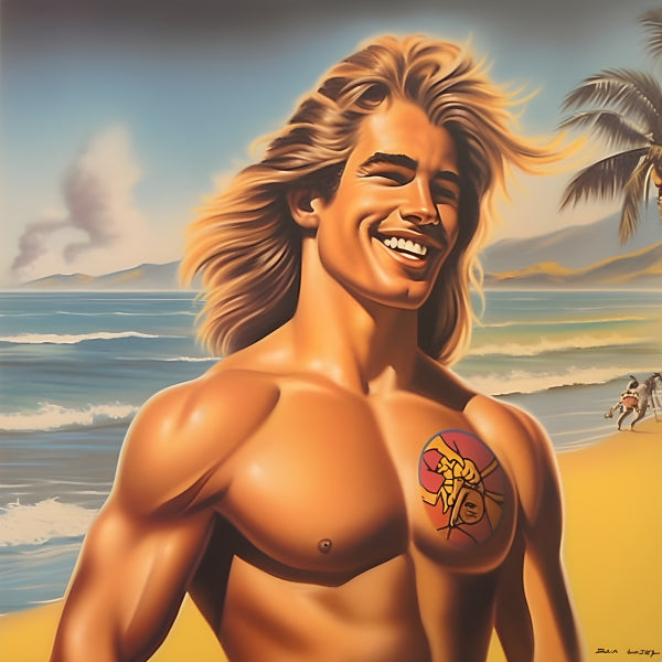 Vinyl Decal, Beach Hunk Art Print | Muscular Blonde Surfer Painting (5" x 7")