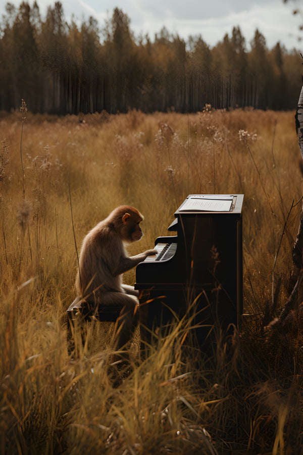 Vinyl Decal, Whimsical Monkey Playing Piano in Grassy Field Nature Art Print (5" x 7")