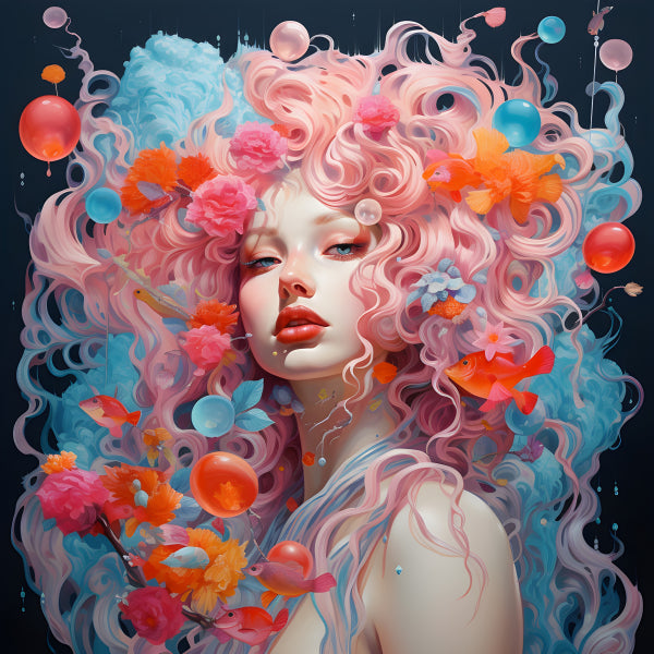 Vinyl Decal, Ethereal Mermaid Dream, Vibrant Fantasy Woman Art Print, Pink & Blue Curls, Floral & Fi