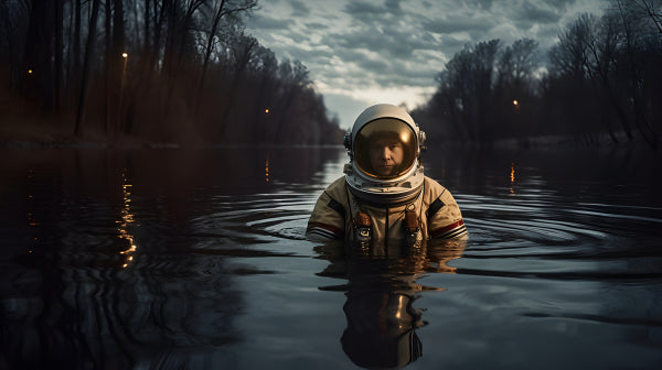 Vinyl Decal, Astronaut in spacesuit standing waist-deep in dark river at night (5" x 7")