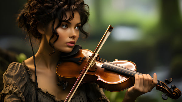 Vinyl Decal, Elegant Woman Playing Violin in Nature, Beautiful Musical Instrument Performance (5" x 