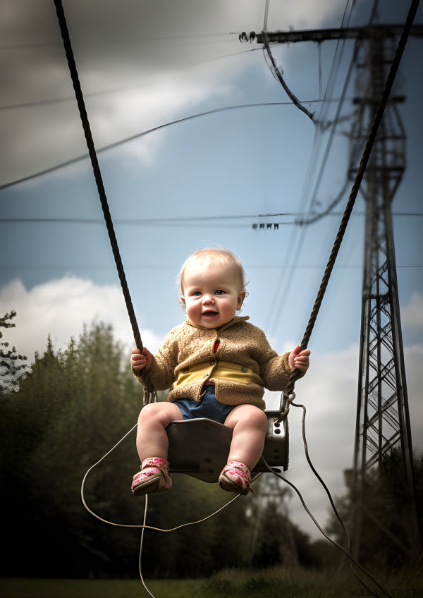 Vinyl Decal, Happy Baby in Outdoor Swing with Power Lines Background (5" x 7")