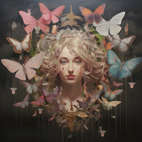 Vinyl Decal, Beautiful Blonde Woman & Vibrant Butterflies Fantasy Art Print for Home Decor (5" x 7")