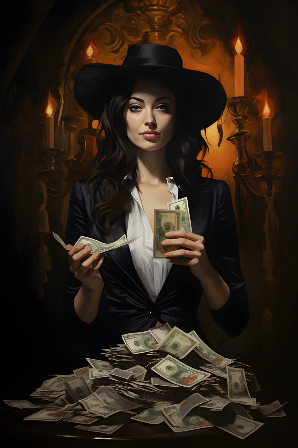 Vinyl Decal, Confident Woman in Black Hat and Blazer Counting Us Hundred Dollar Bills from a Large C