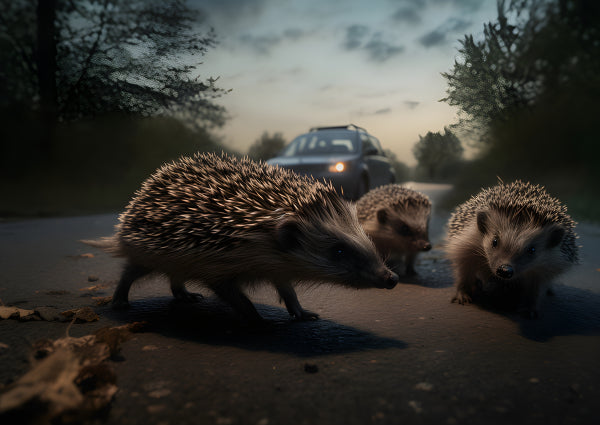 Vinyl Decal, Three Wild Hedgehogs Crossing a Dark Road at Dusk with Car in Background (5" x 7")