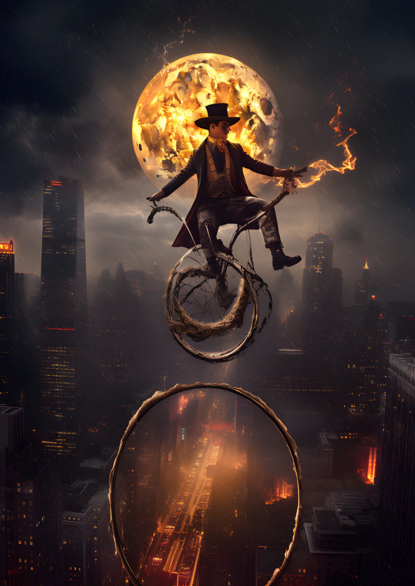 Vinyl Decal, Surreal Steampunk Gentleman on Fiery Cycle Over Cityscape at Night Under Golden Moon (5