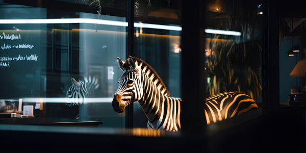 Vinyl Decal, Zebra Enjoys an Unexpected Evening Inside a Modern Restaurant, Viewed Through the Glass