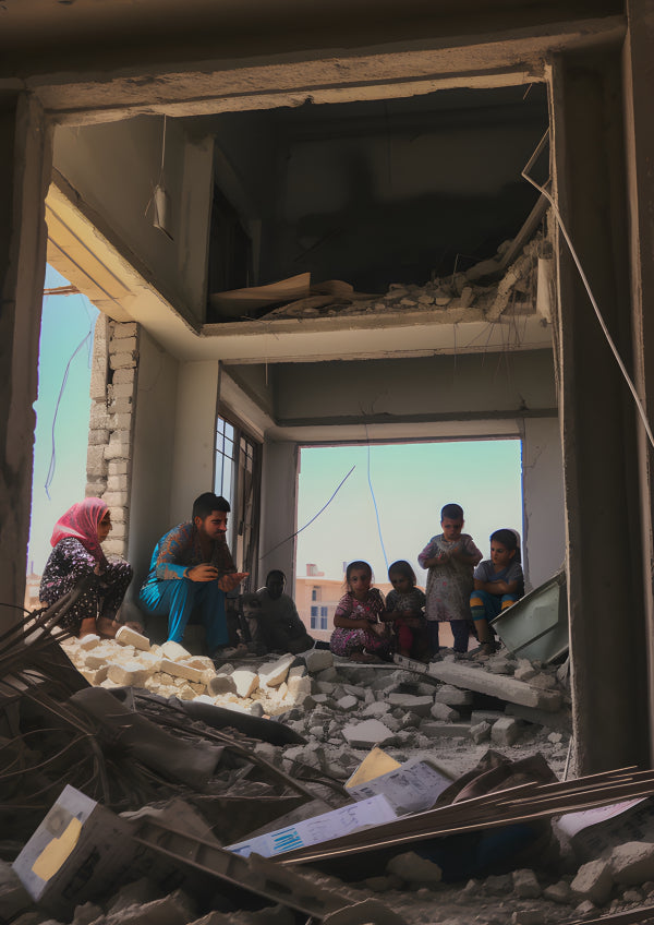 Vinyl Decal, War-Affected Family Sits Amidst Rubble & Building Destruction in a Conflict Zone (5" x 