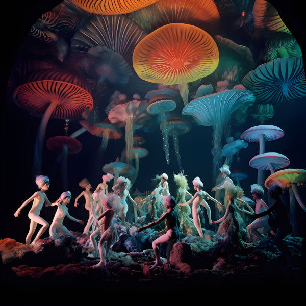 Vinyl Decal, Ethereal Gathering Underneath Glowing Fungi in a Mystical Forest (5" x 7")