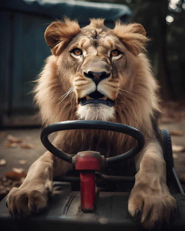 Vinyl Decal, Majestic Lion Posing Behind Steering Wheel (5" x 7")