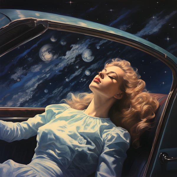 Vinyl Decal, Blonde Woman in Car Dreaming of Space Art Print (5" x 7")