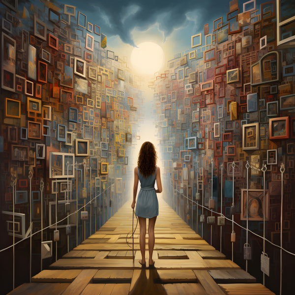 Vinyl Decal, Surreal Art Print Woman Walking on Path of Memories (5" x 7")