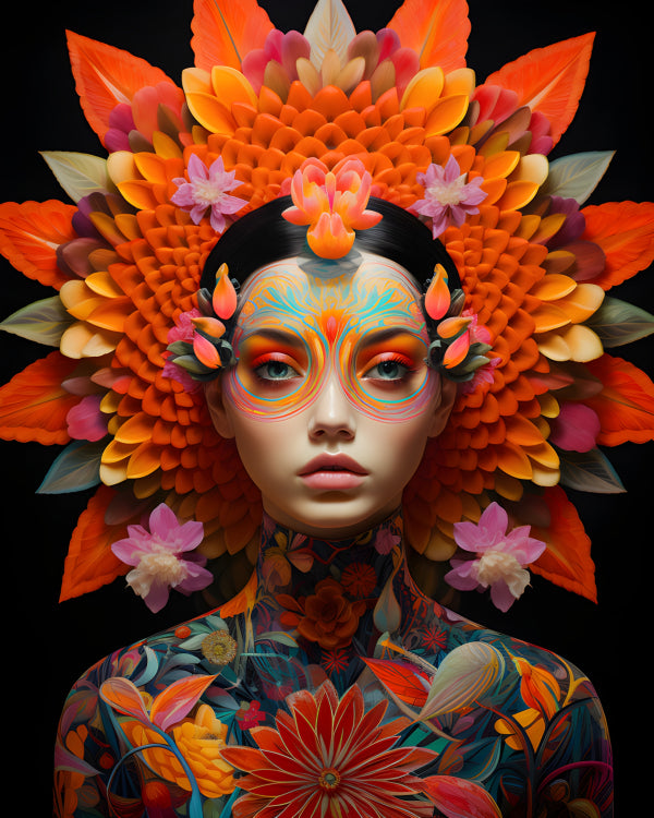 Vinyl Decal, Vibrant Floral Goddess Portrait, AI Generated Art, Colorful Botanical Headpiece & Makeu