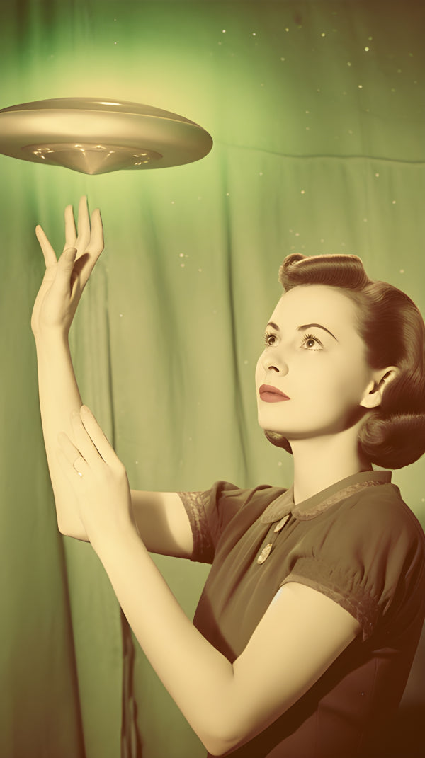 Vinyl Decal, Vintage Sci-Fi Poster Art, Woman & UFO Flying Saucer Retro Wall Print (5" x 7")