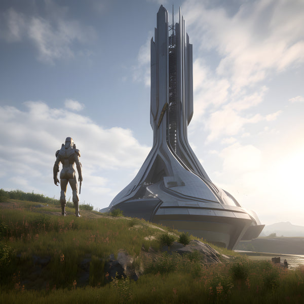 Vinyl Decal, Armored Figure Surveys a Large, Modern, Alien-Like Tower Structure on a Green Hill Unde
