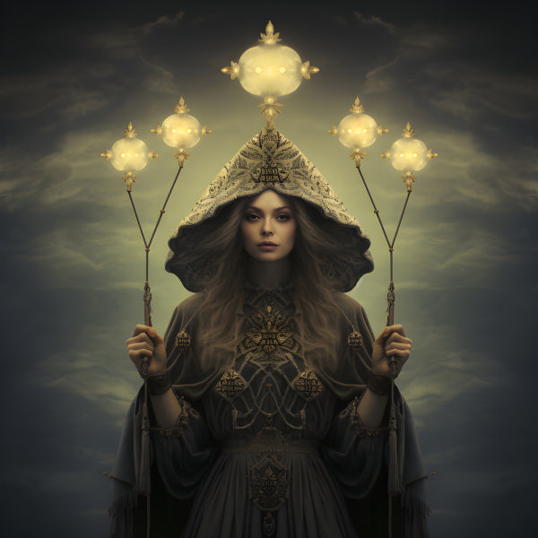 Vinyl Decal, Mystical Sorceress Woman Fantasy Art Print Poster | Gothic Magic Cloak Staff Glowing Or
