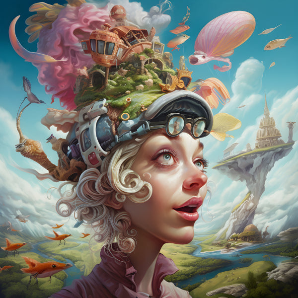 Vinyl Decal, Surreal Fantasy Art Print, Imaginative Dreamscape Woman with Floating World Headpiece, 