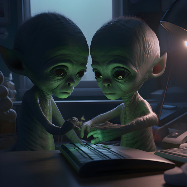 Vinyl Decal, Two Adorable Alien Humanoids at Desk with Keyboard, Generative AI Art Print, Extraordin