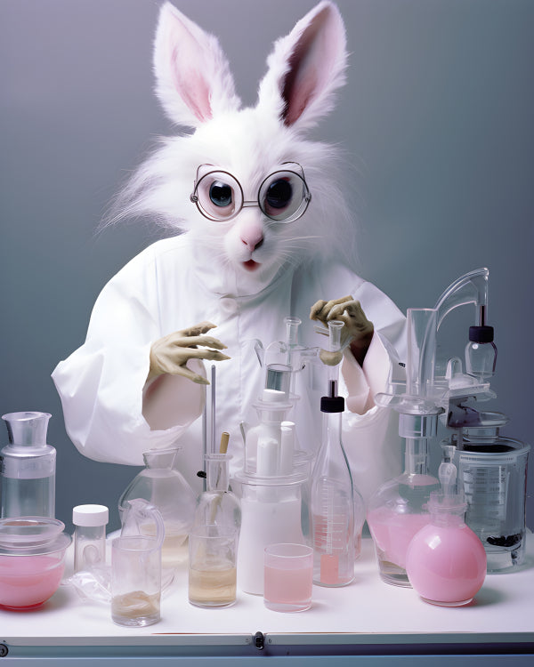 Vinyl Decal, Whimsical White Rabbit Scientist in Lab Coat with Glasses & Laboratory Equipment Decor 