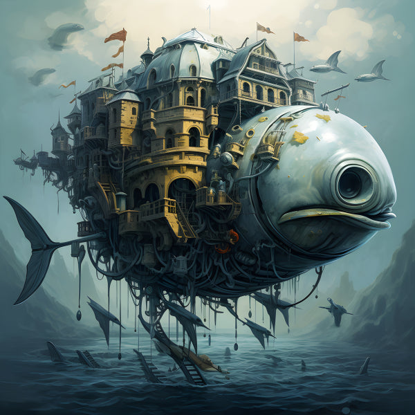 Vinyl Decal, Steampunk Flying Fish City Art Print, Fantasy Airship Ocean Artwork, Unique Giclee Wall