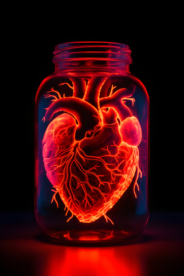 Vinyl Decal, Glowing Red Human Heart in Glass Jar Art Piece (5" x 7")