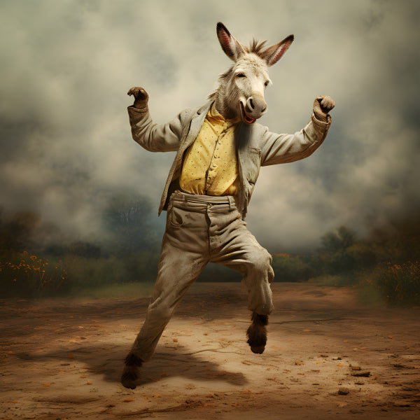 Vinyl Decal, Whimsical Donkey in a Gray Suit and Yellow Shirt Dancing Wall Art (5" x 7")
