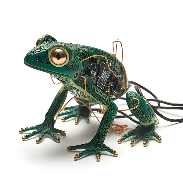 Vinyl Decal, Techno Frog Circuit Board Art Sculpture, Unique Green Robot Frog Collectible Figurine (