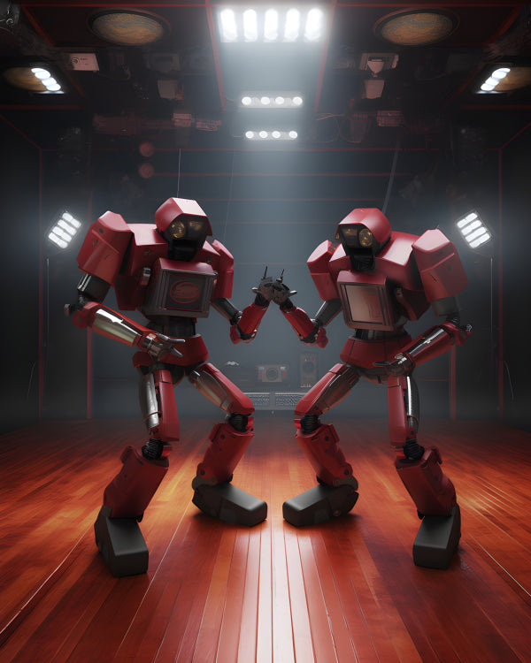 Vinyl Decal, Red Robots Dance Battle Stock Illustration, Dynamic Poses, Stage Lights, Disco Theme (5