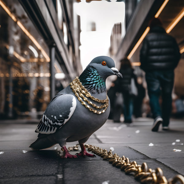 Vinyl Decal, Street Pigeon Wearing Gold Chain Necklace Urban City Wildlife Photography Art (5" x 7")