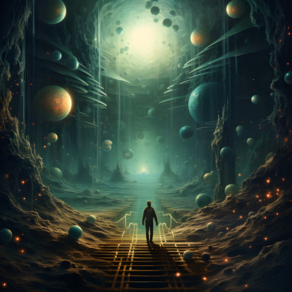 Vinyl Decal, Man Walking on Stairs Towards Bright Light in Surreal Cosmic Landscape with Planets (5"