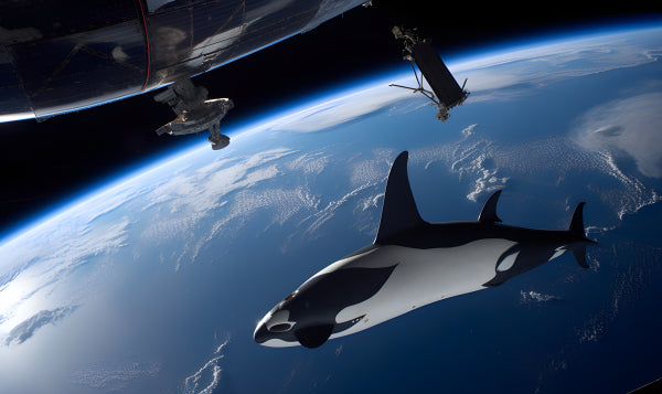 Vinyl Decal, Surreal Orca in Space with Earth Background, Marine Life Art Print (5" x 7")