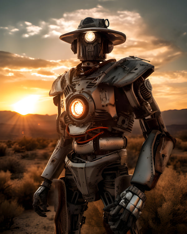 Vinyl Decal, Sunset Sentinel Robot Desert Vigil Collectible Figure (5" x 7")