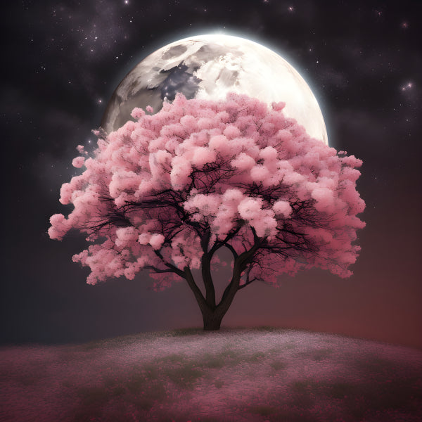 Vinyl Decal, Serene Pink Cherry Blossom Tree Under Full Moon Night Sky Art Print | Dreamy Nature Wal