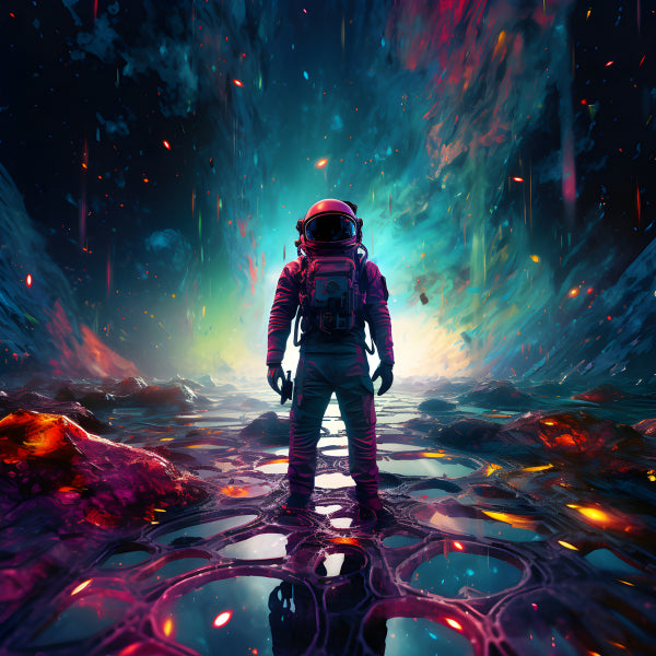 Vinyl Decal, Astronaut in Cosmic Art Print, Vibrant Space Exploration Wall Decor (5" x 7")