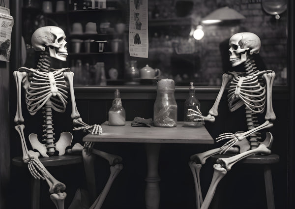 Vinyl Decal, Two Skeletons Having a Drink at a Table, Spooky Halloween Decoration, Black and White A