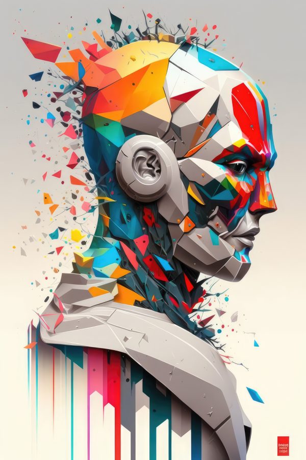 Vinyl Decal, Vibrant Abstract Geometric Cyborg Art Print | Modern Futuristic Robot Wall Decor (5" x 