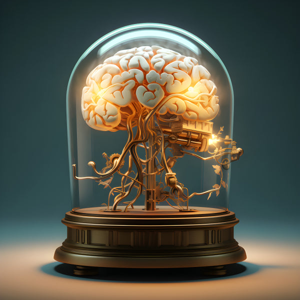 Vinyl Decal, Steampunk Brain in Glass Bell Jar Sculpture, Unique Mechanical Human Mind Art Collectib