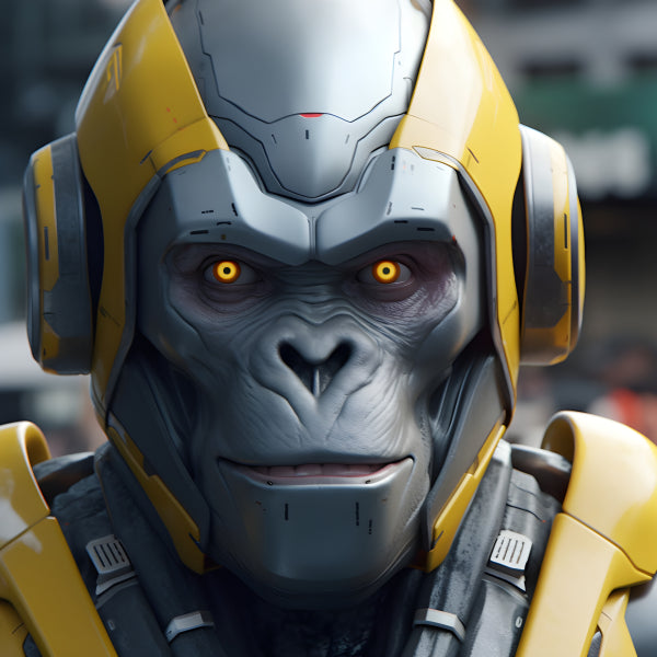 Vinyl Decal, Mecha Gorilla Collectible Bust Statue with Glowing Orange Eyes, Sci-Fi Robot Ape Figure