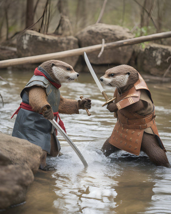 Vinyl Decal, Two Otter Samurai Warriors Dueling in Shallow River Water (5" x 7")