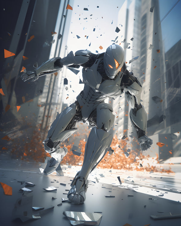 Vinyl Decal, Robot Warrior Action Scene: Dynamic AI Cyborg in Urban Environment, Breaking Through De