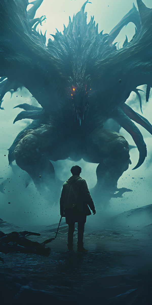 Vinyl Decal, Lone Warrior Confronts Giant Beast in Misty (5" x 7")