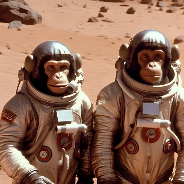 Vinyl Decal, Two Realistic Chimpanzee Astronaut Figures in Desert Environment (5" x 7")